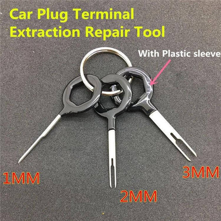 Rubberized Car Wire Terminal Extraction Tool Kit Three Pack showing three keyring extraction tools 1mm 2mm 3mm with rubberized grips