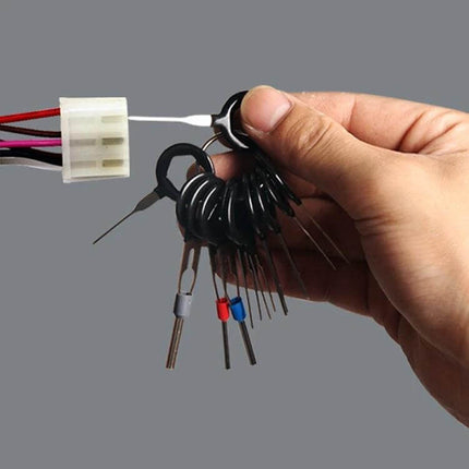 11 Piece Auto Wire Terminal Extraction Kit For Safe Terminal Removal showing hand-held extraction tools removing automotive connector terminals