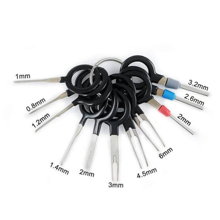 11 Piece Auto Wire Terminal Extraction Kit For Safe Terminal Removal - 11-piece keyring set with labeled extraction tips for automotive terminals