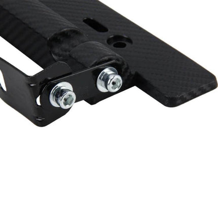 Universal Adjustable Carbon Fiber License Plate Holder for Cars close-up showing carbon fiber finish and adjustable mounting bolts