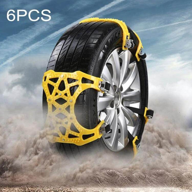 6-Piece Car Snow Tire Anti-Skid Chains for Winter Roads shown installed on a car tire in snowy icy conditions