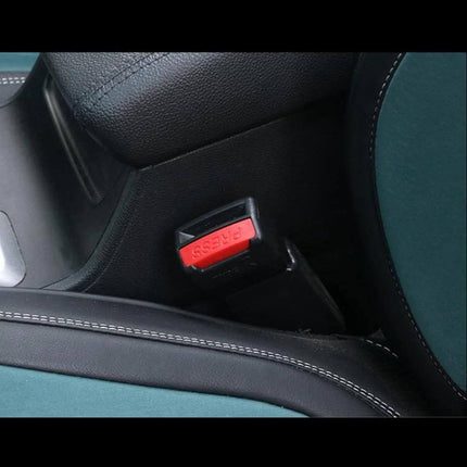 Universal Black Car Seat Belt Extension Buckle, 2 Pack installed next to car seat showing red PRESS release button for easy use