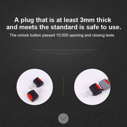 Universal Black Car Seat Belt Extension Buckle, 2 Pack - close-up of two black and red extension buckles showing metal plug and release button, meets 3mm thickness safety standard