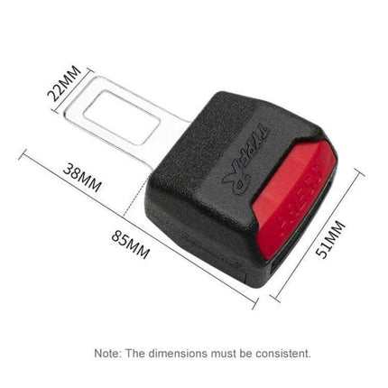 Universal Black Car Seat Belt Extension Buckle, 2 Pack shown with dimensions and red release button for added seat belt length and comfort