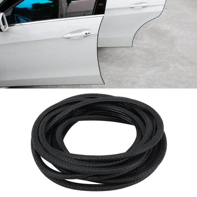Universal 5m Rubber Car Door Edge Protection Trim Guards installed on white car door to prevent chips, knocks and scratches, black rubber trim roll