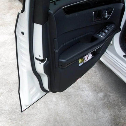 Universal 5m Rubber Car Door Edge Protection Trim Guards installed on white car door, black rubber trim preventing chips and scratches