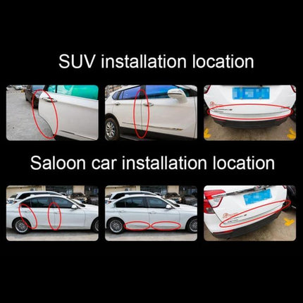 Universal 5m Rubber Car Door Edge Protection Trim Guards installed on SUV and saloon car door edges and rear bumper to prevent chips scratches