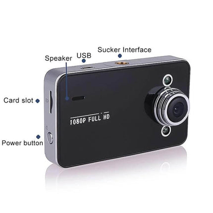 K6000 Wide-Angle Car Dash Cam for Everyday Driving Recording compact 1080P dash camera showing lens, USB, card slot and power button