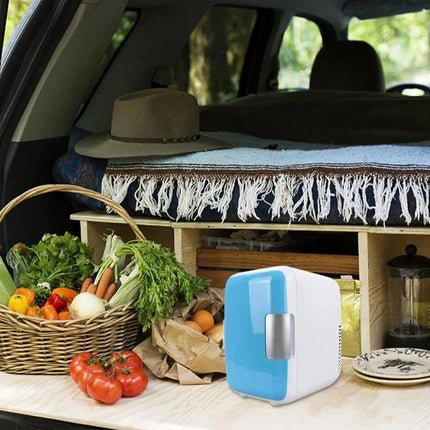Vehicle Auto Portable Mini Cooler And Warmer 4L For Car compact blue-and-white portable cooler in car trunk with vegetables and picnic gear