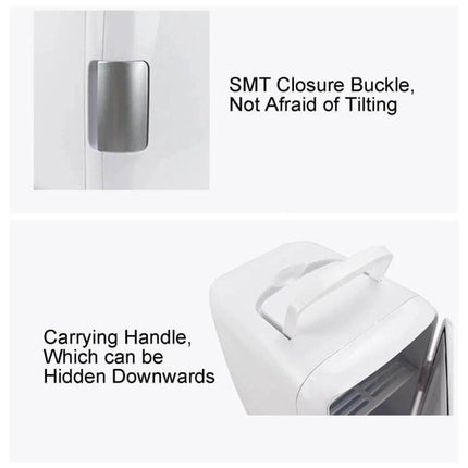 Vehicle Auto Portable Mini Cooler And Warmer 4L For Car showing SMT closure buckle and retractable carrying handle on white portable unit