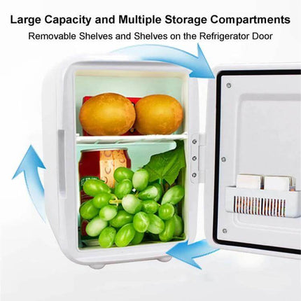 Vehicle Auto Portable Mini Cooler And Warmer 4L For Car showing open 4L unit with removable shelves, fruits and door storage compartments