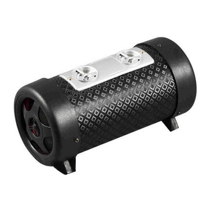 4 Inch Round Bluetooth Subwoofer For Car, Motorcycle, Home Use - compact black cylindrical Bluetooth subwoofer with dual ports and textured grille