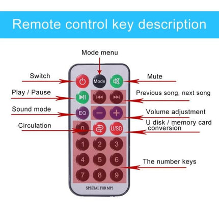 4 Inch Round Bluetooth Subwoofer For Car, Motorcycle, Home Use remote control layout showing play pause mode volume EQ and number keys