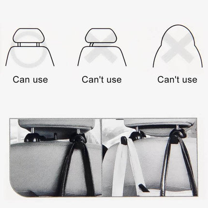 Practical Car Seat Back Hooks for Hanging Bags, Set of 2 - diagram showing correct headrest fit and example of bags hung to keep car tidy