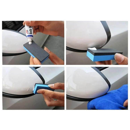 Polishing Abrasive for Car Scratch Repair and Maintenance - hand applying polishing abrasive block to remove minor scratches on white car mirror