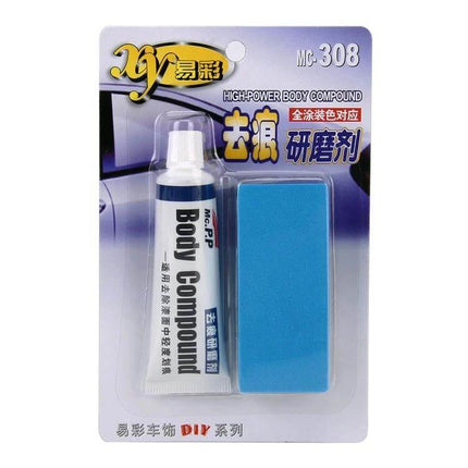 Polishing Abrasive for Car Scratch Repair and Maintenance - tube of body compound and blue applicator block in retail packaging