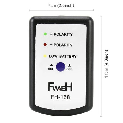 Tool for Verifying Speaker Polarity in Car Audio Systems handheld FH-168 tester showing polarity LEDs and dimensions