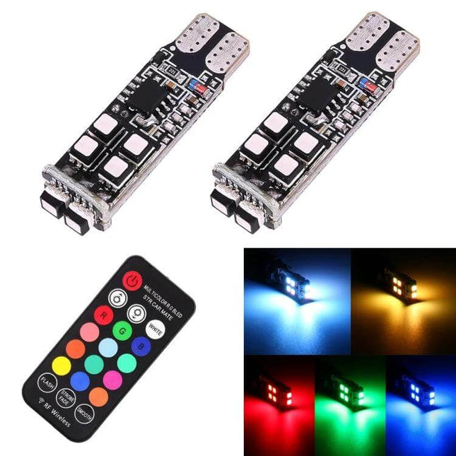 Multi-Color LED Car Clearance Lights With Remote Control showing two LED modules, color remote, and multicolor lighting samples