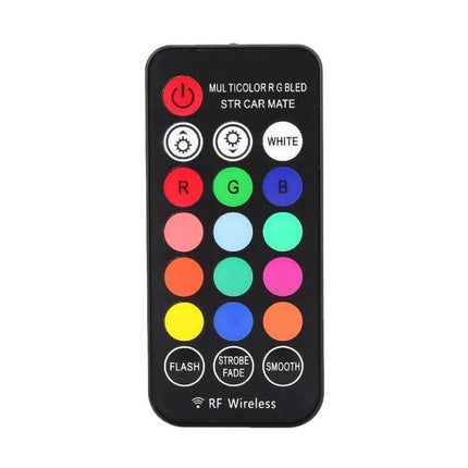 Multi-Color LED Car Clearance Lights With Remote Control - compact RF wireless remote showing color buttons, mode controls, and power for RGB LED module