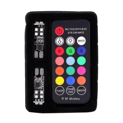 Multi-Color LED Car Clearance Lights With Remote Control showing remote and two LED modules in packaging