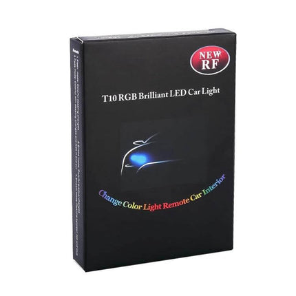 Multi-Color LED Car Clearance Lights With Remote Control - black retail box showing T10 RGB Brilliant LED Car Light packaging with remote control