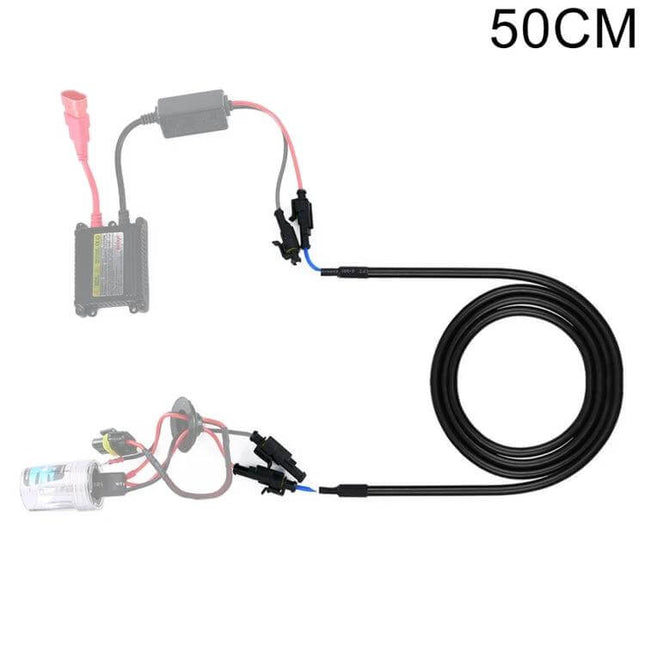 Alt Tag: HID Xenon Ballast Extension Cable 50cm For Flexible Headlight Wiring, 50cm black copper conductors with heatproof sleeve