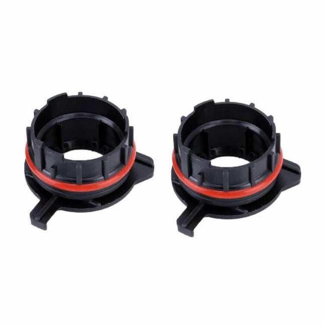 H7 LED Headlight Base Retainer Adapter For BMW Easy To Install – pair of black plastic H7 LED base retainer adapters with red seal for BMW retrofit