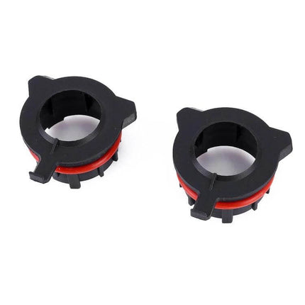 H7 LED Headlight Base Retainer Adapter For BMW Easy To Install - pair of black/red H7 LED bulb base retainers for BMW E39-1 plug-and-play retrofit