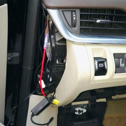 Car 12V Add-A-Circuit TAP Adapter For Extra Fused Circuits Mini Size installed behind dashboard showing red power lead and inline fuse holder