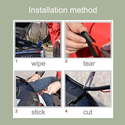 D-Shaped Car Sealing Strip for Noise Reduction, 100m Length - installation steps showing wipe, tear, stick, cut for door and window sealing