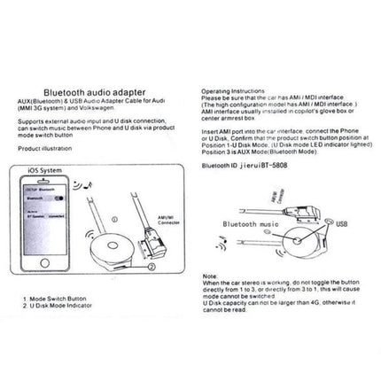 Audi MMI 3G AMI Bluetooth Cable Wiring Harness for Q5 diagram showing Bluetooth audio adapter, wiring harness, USB and MMI connections