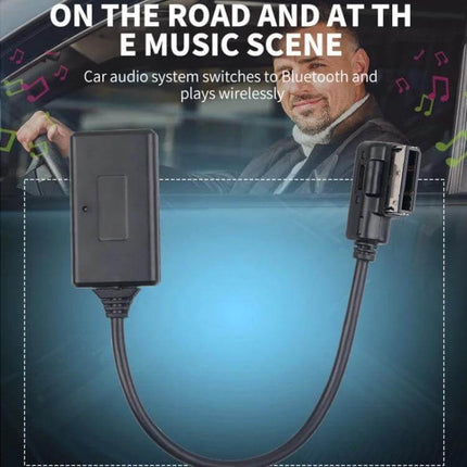 AMI Bluetooth Audio Cable Harness for Audi Car Stereo shown installed with compact module and OEM-style plug for wireless smartphone music streaming