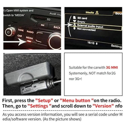 AMI Bluetooth Audio Cable Harness for Audi Car Stereo showing install steps, MMI 3G external audio input and harness connector