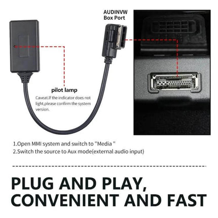 AMI Bluetooth Audio Cable Harness for Audi Car Stereo shown plugged into AUDI/VW box port with pilot lamp and ‘plug and play’ instructions