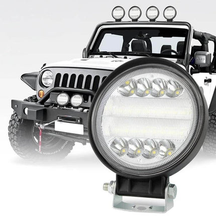 4-Inch 15W Round LED Car Work Light for Cars and SUVs mounted on black die-cast housing vehicle showing auxiliary off-road illumination