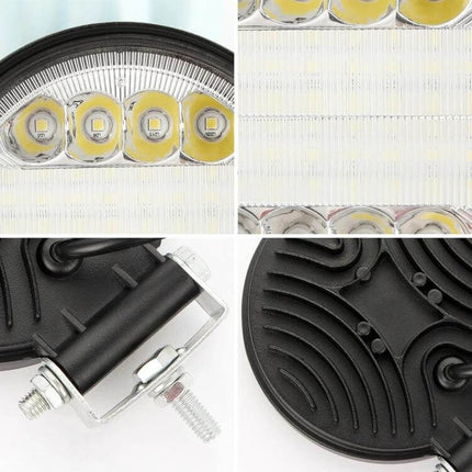 4-Inch 15W Round LED Car Work Light for Cars and SUVs showing LED lenses, black die-cast housing, mounting bracket and rear heat-dissipating design