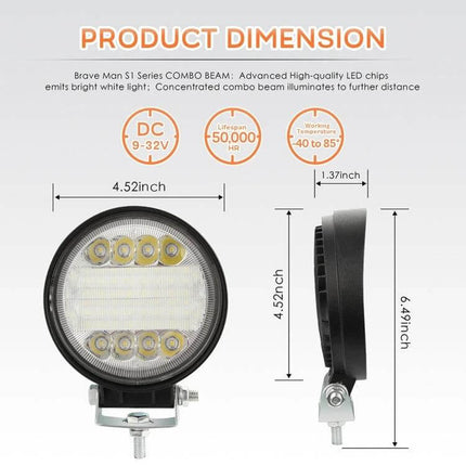 4-Inch 15W Round LED Car Work Light for Cars and SUVs showing front and side dimensions, die-cast black housing, and mounting bracket