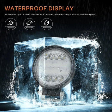 4-Inch 15W Round LED Car Work Light for Cars and SUVs — black die-cast aluminum housing, waterproof round LED work light in ice/water display