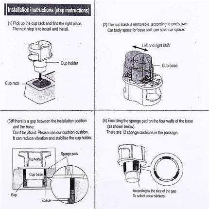 Practical Universal 2 in 1 Car Cup Holder for Everyday Drinks installation diagram showing cup rack, removable cup base, sponge pads and assembly steps