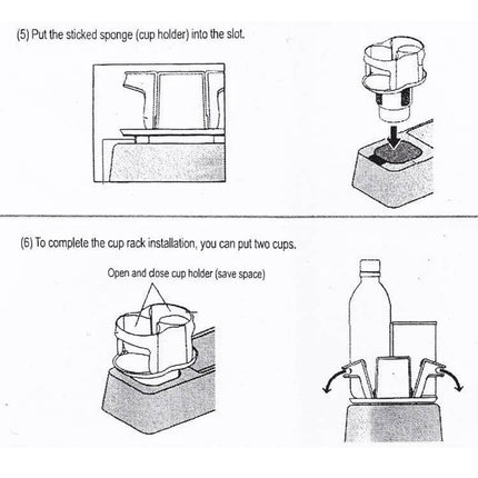 Practical Universal 2 in 1 Car Cup Holder for Everyday Drinks - installation diagram showing expansion, cup placement, and bottle secured