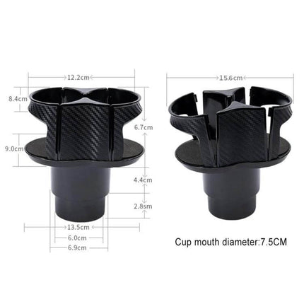 Practical Universal 2 in 1 Car Cup Holder for Everyday Drinks - expandable dual cup holder with measurements and carbon fiber texture
