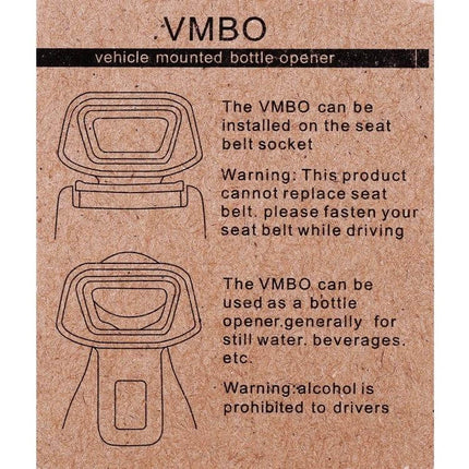 Versatile Car Safety Belt Clip with Built-in Bottle Opener installed on seat belt socket, instructions and warnings printed on kraft packaging