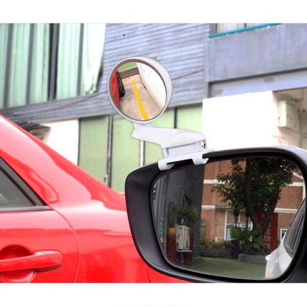 Car Blind Spot Mirror with Adjustable Angle for Vehicles mounted on side mirror showing red car and street reflection