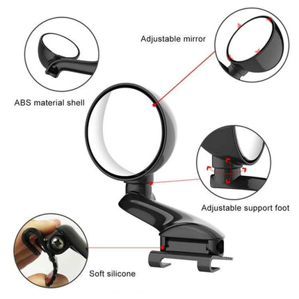 Car Blind Spot Mirror with Adjustable Angle for Vehicles shows round adjustable mirror, ABS shell, soft silicone mount and adjustable support foot for safer driving