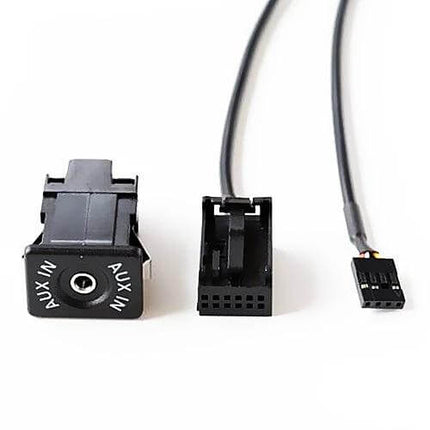 AUX Interface and Wiring Harness for Ford Vehicles showing 3.5mm AUX jack and multi-pin connectors for easy dash installation