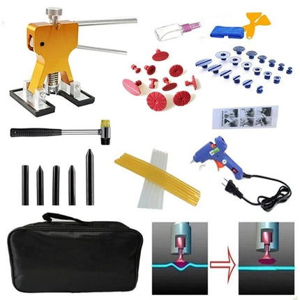 A Versatile Kit for Everyday Car Dent Repairs - photo of glue puller, tabs, hammer, hot glue gun, rods, carrying case (home dent repair kit)