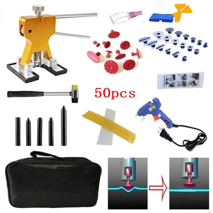 A Versatile Kit for Everyday Car Dent Repairs - 50pc dent puller set with glue gun, tabs, hammer and carry bag for DIY car dent removal