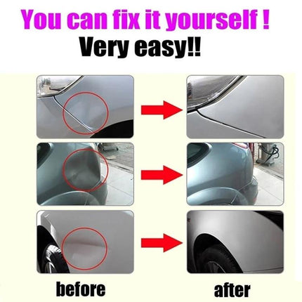 A Versatile Kit for Everyday Car Dent Repairs showing before and after images of DIY dent fixes