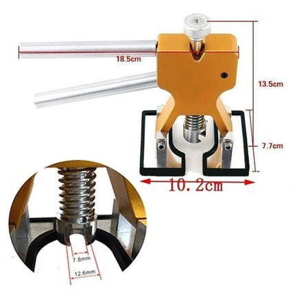 A Versatile Kit for Everyday Car Dent Repairs gold metal dent puller tool with handles and measurements for DIY car dent repair