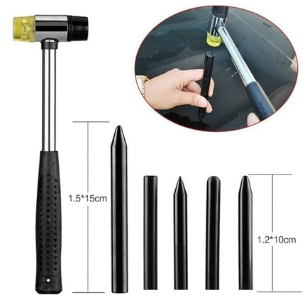 A Versatile Kit for Everyday Car Dent Repairs - hammer and five black dent puller rods shown with user using puller on car dent
